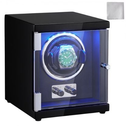 Picture of VEVOR Watch Winder, Watch Winder for 4 Men's and Women's Automatic Watches, with 4 Super Quiet Japanese Mabuchi Motors, Blue LED Light and Adapter, High-Density Board Shell and Black PU