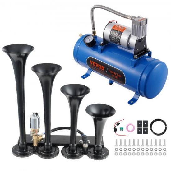 Picture of VEVOR Train Horns Kit, 4 Trumpet Air Horn Kit, 150dB Train Horns for Pickup Trucks, 12V 160 psi Air Compressor 2.6 Gal/10 L Tank with Gauge for Any 12V Vehicle Car Truck Train Van Boat