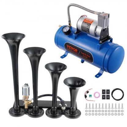 Picture of VEVOR Train Horns Kit, 4 Trumpet Air Horn Kit, 150dB Train Horns for Pickup Trucks, 12V 120 psi Air Compressor 1.6 Gal/6 L Tank with Gauge for Any 12V Vehicle Car Truck Train Van Boat