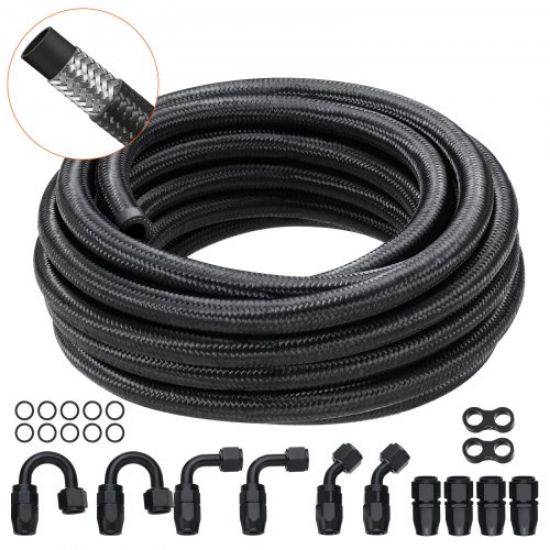 Picture of VEVOR 6AN Fuel Line Kit, 20 FT Fuel Hose Kit, 0.34" Nylon Stainless Steel Braided Fuel Line Oil/Gas/Diesel Hose End Fitting Kit, with 12 PCS Swivel Fitting Adapter Kit, Black