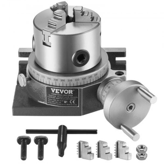 Picture of VEVOR Rotary Table for Milling Machines, 4''/ 100 mm, Horizontal Vertical Model Precision Milling Rotary Table, with 3.1''/80 mm 3-Jaw Chuck M10 T-Bolts Nuts, for Milling Engineering Indexing Tools