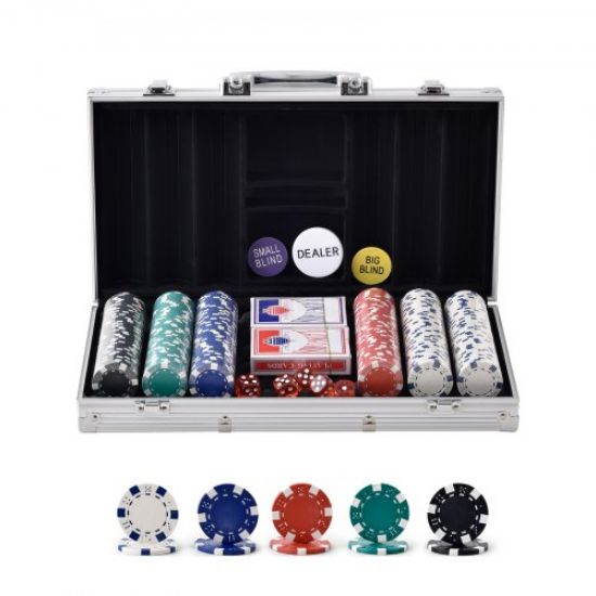 Picture of VEVOR Poker Chip Set, 300-Piece Poker Set, Complete Poker Playing Game Set with Aluminum Carrying  Case, 11.5 Gram Casino Chips, Cards, Buttons and Dices, for Texas Hold'em, Blackjack, Gambling