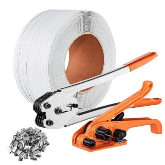 Picture of VEVOR Banding Strapping Kit with Strapping Tensioner Tool, 100 ft Length 304 Stainless Steel Banding, 100 Metal Seals, Pallet Packaging Strapping Banding Kit, Banding Packaging Strapping for Packing