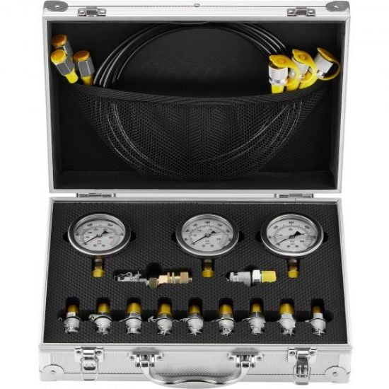 Picture of VEVOR Hydraulic Pressure Test Kit, 10/100/250/400/600bar, 5 Gauges 13 Couplings 14 Tee Connectors 5 Test Hoses, Excavator Hydraulic Test Gauge Set with Carrying Case for Excavator Tractors Machinery