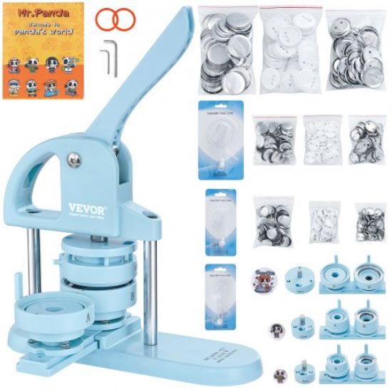 Picture of VEVOR 3-IN-1 Button Maker, 1/1.25/2.28 inch(25/32/58mm) Pin Maker, 300pcs Button Parts, Button Maker Machine with Panda Magic Book, Ergonomic Arc Handle Punch Press Kit, For Children DIY Gifts, Blue