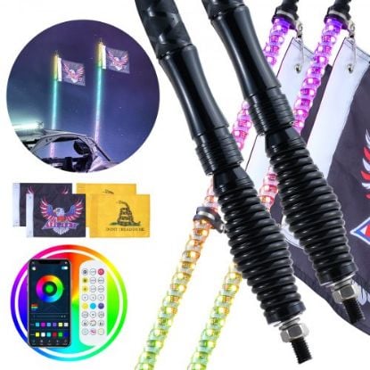 Picture of VEVOR 1 PC 3 FT Whip Light, APP & RF Remote Control Led Whip Light, Waterproof 360° Spiral RGB Chasing Lighted Whips with 2 Flags, for UTVs, ATVs, Motorcycles, RZR, Can-am, Trucks, Off-road, Go-karts