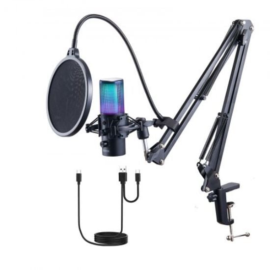 Picture of VEVOR USB Microphone, 192kHz/24-bit, Professional Condenser Microphone Kit, with Boom Arm Stand Pop Filter Shock Mount Mute Button Headphones Jack, for Podcast Recording Video Gaming Singing Streaming