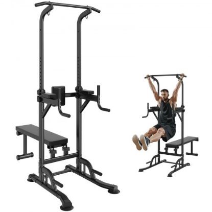 Picture of VEVOR Power Tower Dip Station, 2-Level Height Adjustable Pull Up Bar Stand, Multi-Function Strength Training Workout Equipment, Home Gym Fitness Dip Bar Station, 220LBS Weight Capacity, Black & Green