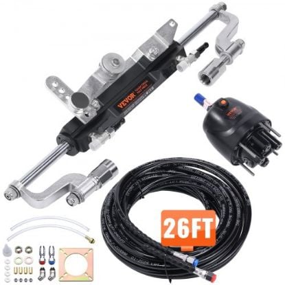 Picture of VEVOR Hydraulic Outboard Steering Kit, 90HP, Marine Boat Hydraulic Steering System, with Helm Pump Two-Way Lock Cylinder and 24 Feet Hydraulic Steering Hose, for Single Station Single-Engine Boats