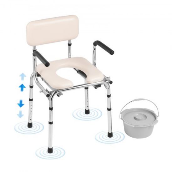 Picture of VEVOR Commode Chair, Bedside Commode with Padded Seat and Arms, 7-Level Adjustable Height, 5.8L Removable Bucket, Easy to Assemble, 350 LBS Capacity, Raised Toilet Seat for Adults Seniors