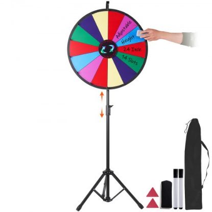 Picture of VEVOR 24 inch Spinning Prize Wheel, 14 Slots Spinning Wheel, Roulette Wheel with a Dry Erase and 2 Markers, Tabletop or Floor Standing Win Fortune Spin Games in Party Pub Trade Show Carnival