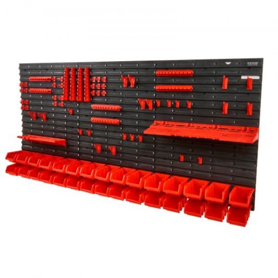 Picture of VEVOR Wall Mounted Storage Bins, 48-Bin Parts Rack Organizer Garage Plastic Shop Tool with Wall Panels, Tool Organizer for Nuts, Bolts, Screws, Nails, Beads, Buttons, Other Small Parts, Black and Red