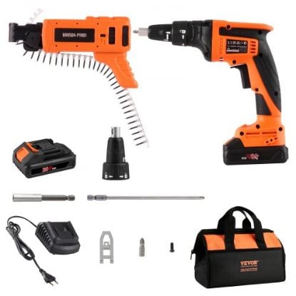 Picture of VEVOR Drywall Screw Gun, 20V Max Drywall Screwgun, 4200RPM Brushless Cordless Drywall Gun Kit with 2 Battery Packs, Charger, Belt Clip, and Tool Bag, Forward and Reverse Adjustable, Built-in LED Light