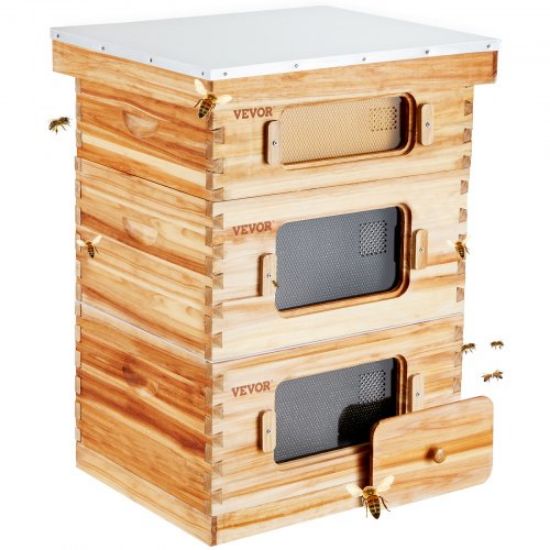 Picture of VEVOR Bee Hive 20 Frame Bee Hives Starter Kit, Beeswax Coated Cedar Wood, 1 Deep + 1 Medium Bee Boxes Langstroth Beehive Kit, Transparent Acrylic Windows with Foundations for Beginners Pro Beekeepers