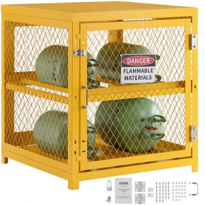 Picture of VEVOR Horizontal Cylinder Storage Cabinet, 4 x 33 lbs Cylinder Capacity, 31.02x30.04x35 inch Propane Storage Cage, Gas Cylinder Cabinet, Yellow Powder Coat Finish, for Freon, Gases, Oxygen, Nitrogen