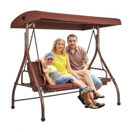 Picture of VEVOR 3-Person Patio Swing Chair, Outdoor Patio Swing with Adjustable Canopy, Porch Swing with Armrests, Teslin Fabric and Alloy Steel Frame, for Balcony, Backyard, Patio, Garden, Poolside, Brown