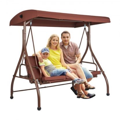 Picture of VEVOR 3-Seat Patio Swing Chair, Outdoor Patio Swing with Adjustable Canopy, Porch Swing with Armrests, Teslin Fabric and Alloy Steel Frame, for Balcony, Backyard, Patio, Garden, Poolside, Brown