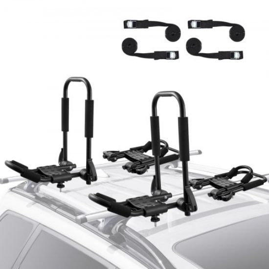 Picture of VEVOR Kayak Roof Rack 1 Pair J-Bar, Soft Roof Rack, Top Mount Tie Down, Carrier for kayak, Surf Board, Canoe, SUP, Ski Board, Mount on Car, SUV, Truck, 2 Kayaks