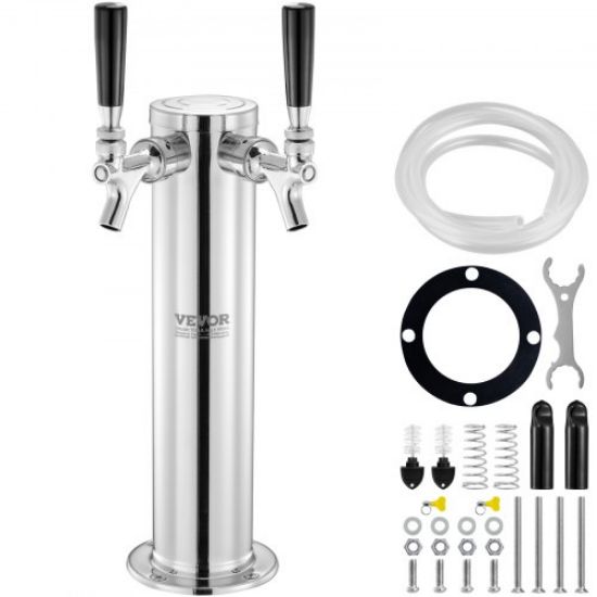 Picture of VEVOR Kegerator Tower Kit, Single Tap Beer Conversion Kit, Stainless Steel Keg Beer Tower Dispenser with Dual Gauge CGA320 Regulator & D-System Keg Coupler, Self-Closing Spring for Party Bar Home