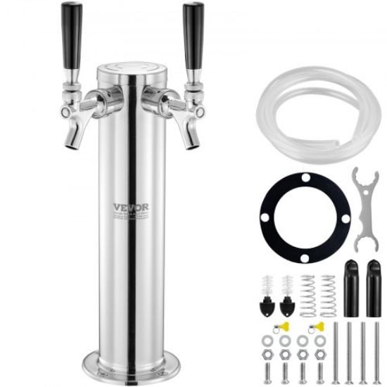 Picture of VEVOR Kegerator Tower Kit, Dual Taps Beer Conversion Kit, Stainless Steel Keg Beer Tower Dispenser with Dual Gauge CGA320 Regulator & D-System Keg Coupler, Beer Drip Tray for Party Home