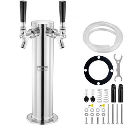 Picture of VEVOR Kegerator Tower Kit, Single Tap Beer Conversion Kit, Stainless Steel Keg Beer Tower Dispenser with Dual Gauge CGA320 Regulator & D-System Keg Coupler, Beer Drip Tray for Party Home