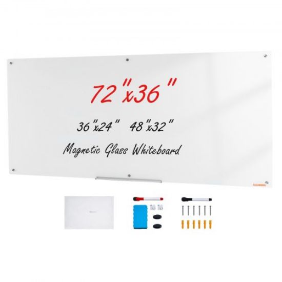 Picture of VEVOR Magnetic Glass Whiteboard, Dry Erase Board 36"x24", Wall-Mounted Large White Glassboard Frameless, with Marker Tray, an Eraser and 2 Markers, White