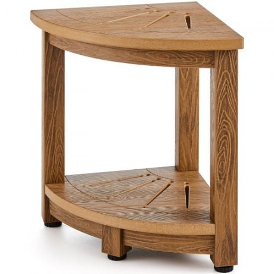 Picture of VEVOR Corner Teak Shower Bench, 18.5" Height 15.5" Radius, 100% Teak Wood Corner Shower Beach, 500 LBS with Storage Shelf, Shower Stool for Inside & Outside Shower, for Bathroom