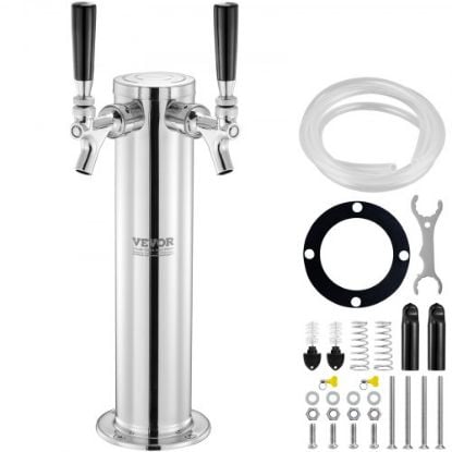 Picture of VEVOR Dual Taps Draft Beer Tower Dispenser, Stainless Steel Keg Beer Tower, Kegerator Tower Kit with Pre-Assembled Tubing and Self-Closing Faucet Shanks for Party, Bar, Pub, Restaurant