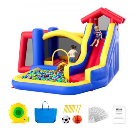 Picture of VEVOR Inflatable Bounce House, Outdoor High Quality Playhouse Trampoline, Jumping Bouncer with Blower, Slide, and Storage Bag, Family Backyard Bouncy Castle, for Kid Ages 3–8 Years, 134x102x91 inch