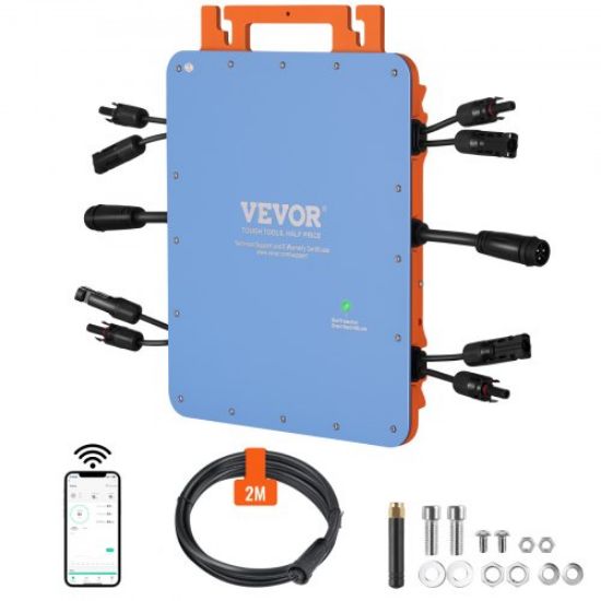 Picture of VEVOR Solar Grid Tie Micro Inverter, 1200W, Solar Micro Inverter, IP67 Waterproof Aluminum Alloy Solar Power Grid Tie Inverter DC18-50V Operating Voltage with APP Wifi Antenna Power Cord, for Solar Pa