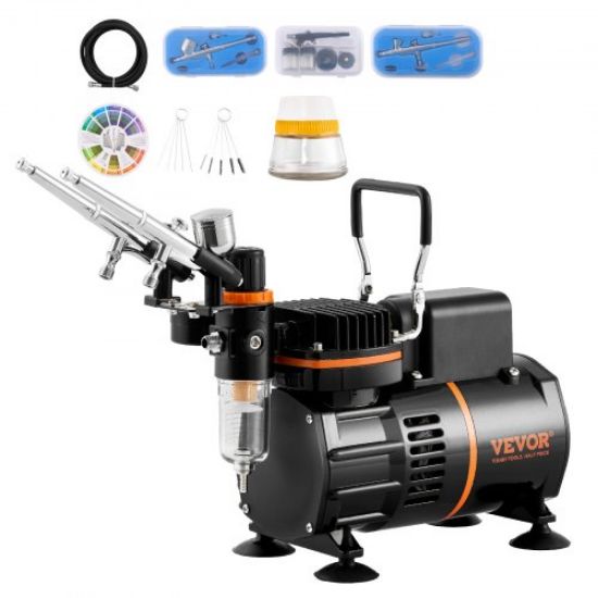 Picture of VEVOR Airbrush Gun, Dual Action Gravity Feed with 0.3 mm and 0.5 mm Nozzles, Airbrush Kit with 2/7/12ml Copper Cups and Cleaning Accessories, Ideal for Painting Models, Desserts, Cakes, and Nail Art