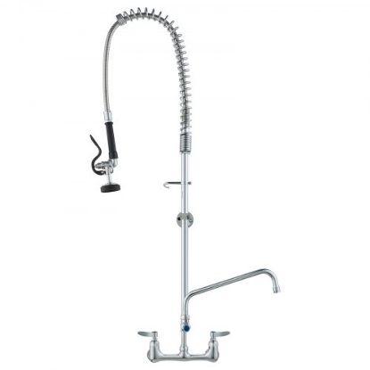 Picture of VEVOR Commercial Faucet with Pre-Rinse Sprayer, 36" Height, 8" Center, 12" Swing Spout, Wall Mount Kitchen Sink Faucet, Brass Constructed Device with Pull Down Spray, for 1/2/3 Compartment Sink