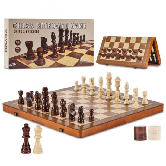 Picture of VEVOR Solid Wood Chess Set, 15 inch  2-IN-1 Chess Checkers Game Set, Chess Board Games with Storage Drawer & Weighted Chess Checkers Pieces & 2 Queens, for Adults Kids Tournament Professional Beginner