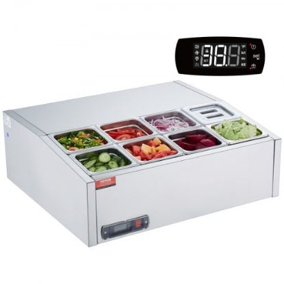 Picture of VEVOR Refrigerated Condiment Prep Station, 150 W Countertop Refrigerated Condiment Station, with 4 1/3 Pans & 4 1/6 Pans, 304 Stainless Body and PC Lid, Sandwich Prep Table with Glass Guard, ETL