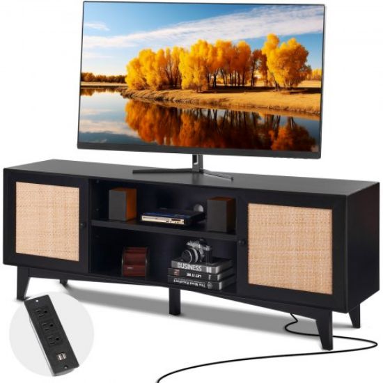 Picture of VEVOR Rattan TV Stand, Boho TV Cabinet for 55 inch TV, Mid Century Modern TV Stand, Rattan TV Console with Adjustable Shelfs for  Living Room, Media Room, Black