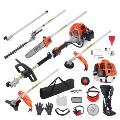 Picture of VEVOR 26CC 6-in-1 Multi-Functional Trimming Tools, Gas Hedge Trimmer, Weed Eater, String Trimmer, Brush Cutter, Edger, Pole Saw Chainsaw Pruner with Extension Pole