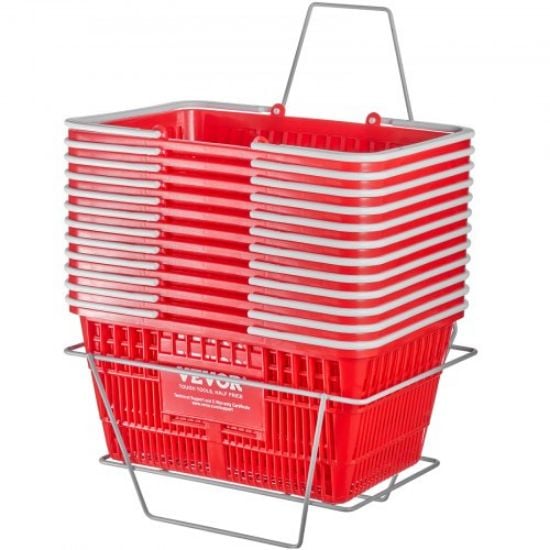 Picture of VEVOR Shopping Basket, Set of 12, 21L Durable Plastic Grocery Basket with Metal Handle and Stand, 16.73 x 12.01 x 8.58 inch Portable Shop Basket Used for Retail Store Supermarket Grocery Shopping, Red