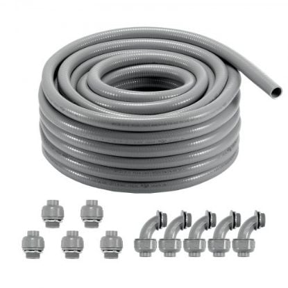 Picture of VEVOR 3/4-Inch Flexible Electrical Conduit, 100 ft, PVC Liquid-Tight Conduit Non-Metallic with 5 Straight and 5 90-Degree Conduit Connector Fittings, for Air Conditioning Motor Controller Pump, IP65