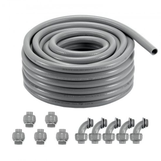 Picture of VEVOR 1/2-Inch Flexible Electrical Conduit, 100 ft, PVC Liquid-Tight Conduit Non-Metallic with 5 Straight and 5 90-Degree Conduit Connector Fittings, for Air Conditioning Motor Controller Pump, IP65