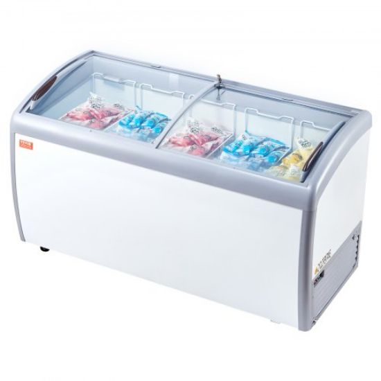 Picture of VEVOR Commercial Ice Cream Display Case, 9.3 Cu.ft Chest Freezer, Mobile Glass Top Deep Freezer, Restaurant Gelato Dipping Cabinet with 3 Wire Baskets, 2 Sliding Glass Doors, Locking Casters, White