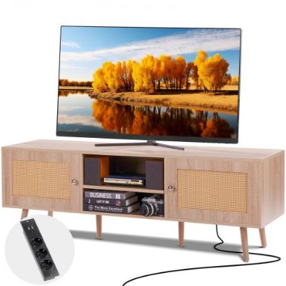 Picture of VEVOR Rattan TV Stand, Mid Century Modern TV Stand for 65 inch TV, Boho Rattan TV Cabinet with Build-in Socket and USB Ports, Adjustable Shelfs for Living Room, Media Room, Oak