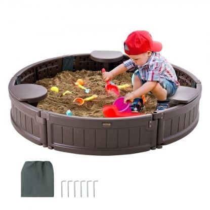 Picture of VEVOR Sandbox with Cover, 72 x 41.5 x 9.1 in Oval Sand Box, HDPE Sand Pit with 4 Corner Seating and Bottom Liner, Kids Sandbox for Outdoor Backyard, Beach, Park, Gift for Boys Girls Ages 3-12, Brown