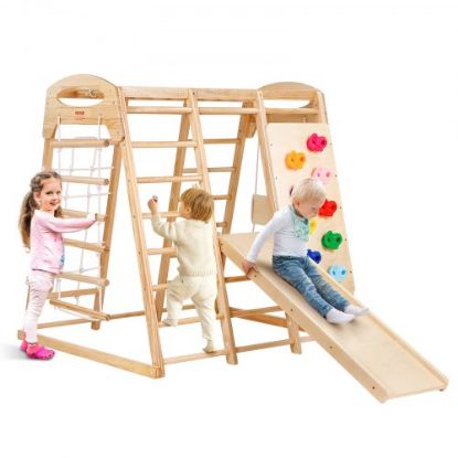 Picture of VEVOR Indoor Jungle Gym, 7-in-1 Toddler Indoor Playground, Wooden Toddler Climbing Toys Indoor with Wood & Rope Ladder, Net Ladder, Swing, Monkey Bar, Slide, Climbing Wall, 47.2 x 58 x 56in