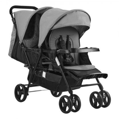 Picture of VEVOR Wagon Stroller for 2 Kids, Push Pull Quad Collapsible Stroller with Adjustable Handle, Encircling Harness Removable Canopy, 4 Wheels w/ Brakes, Mutifunction Tandem Stroller for Camping Dark Grey