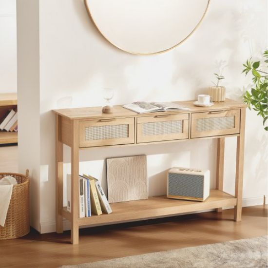 Picture of VEVOR Rattan Console Table with 2 Storage Drawers Rattan 39.37x11.81x29.33inch Sliding Door Natural, Rattan Entryway Table with Storage, Small Console Tables for Entryway, Entry Table for Hallway, Living Room Table