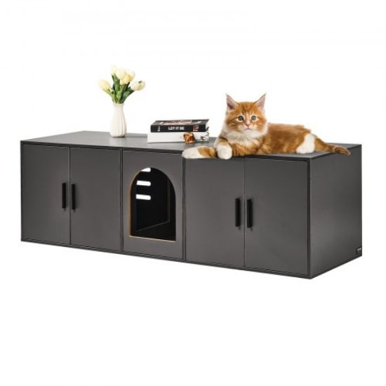 Picture of VEVOR Cat Litter Box Enclosure Wooden Litter Box Furniture Hidden 2 Rooms Black