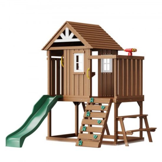 Picture of VEVOR Outdoor Wooden Playhouse Kids Garden Game Cottage with Slide Ladder Window