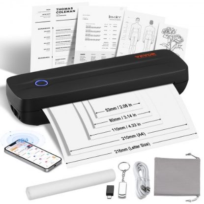 Picture of VEVOR Portable Printer - 2600mAh Battery, 203 DPI, Bluetooth Inkless Mobile Printer for A4, A5 & 8.5" x 11" Thermal Paper, Compatible with iOS, Android & Laptop, Ideal for Travel, Office & Home Use