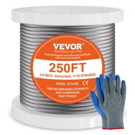 Picture of VEVOR Carbon Steel Cable 1/4" 7x19 Strands Steel Wire Rope 250 ft Cable Railing