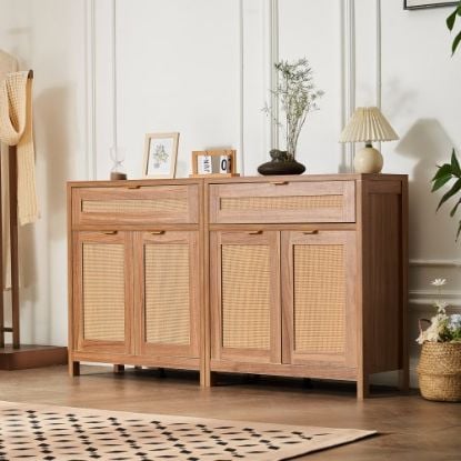 Picture of Rattan Cabinet Storage with 2 Magnetic Doors and Adjustable Shelves Black